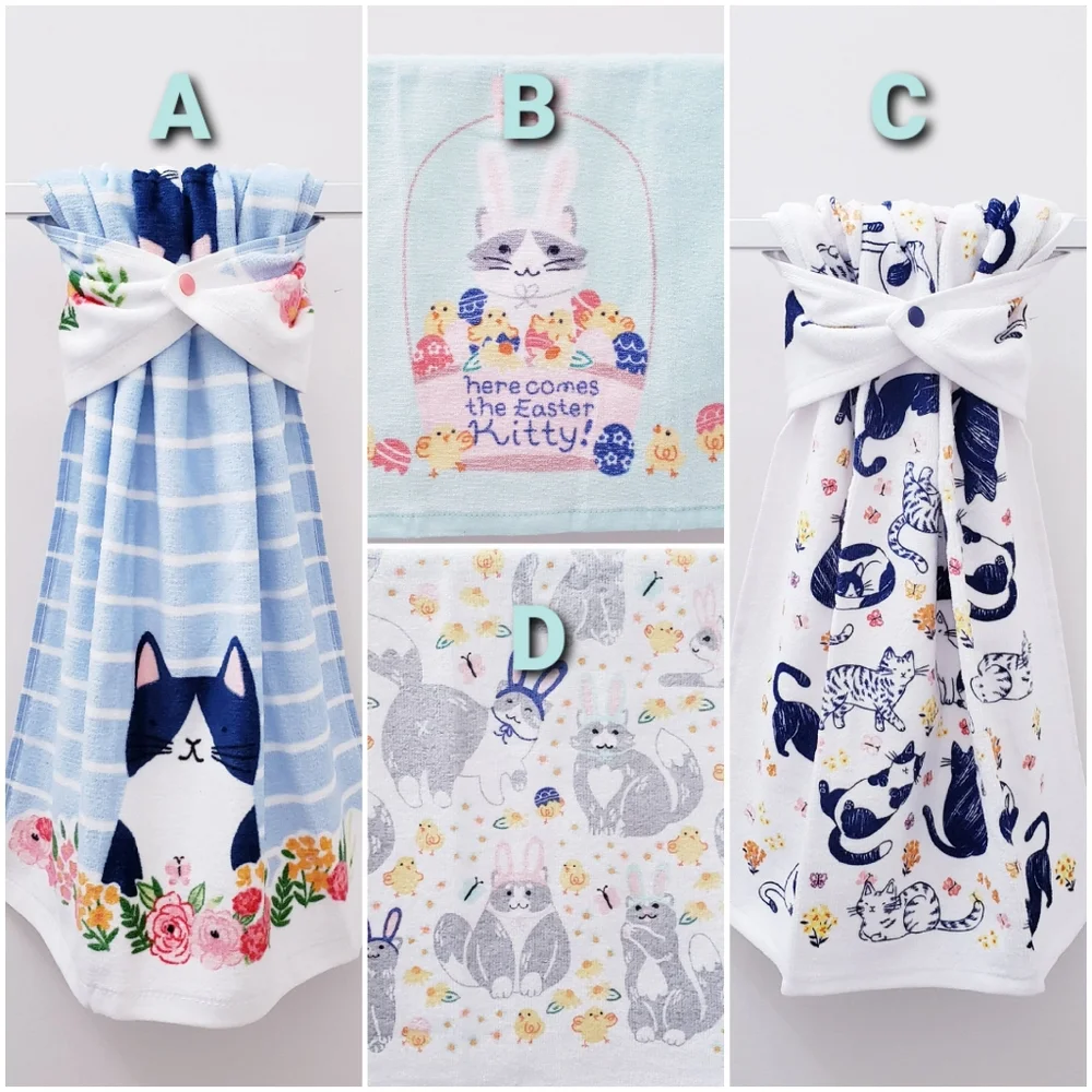 #9045-D NEW! CATS/Easter/Spring Hang'N'Snap Towel🤍PLASTIC SNAP